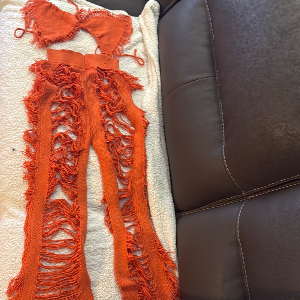 Orange Distressed Knit Pants & Top Set